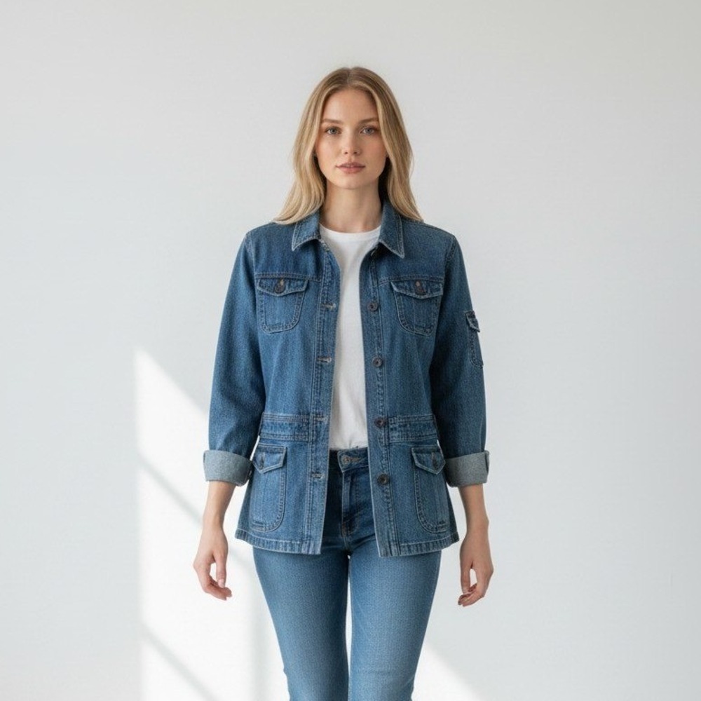 Jones Sport Medium Wash Button Flap‎ Pockets Denim Utility Jacket Women's Size M